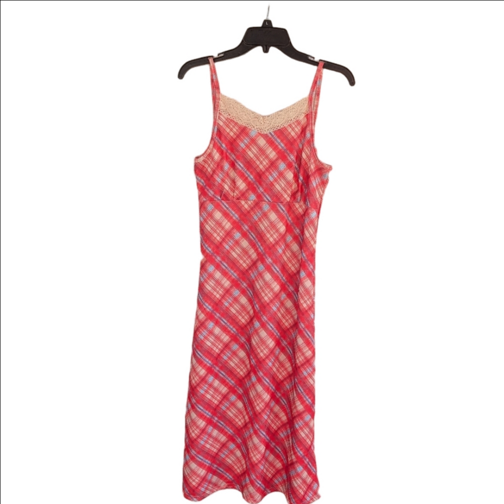 Plaid Slip Dress Red and Blue Lace Spaghetti Strap - Picture 1 of 8